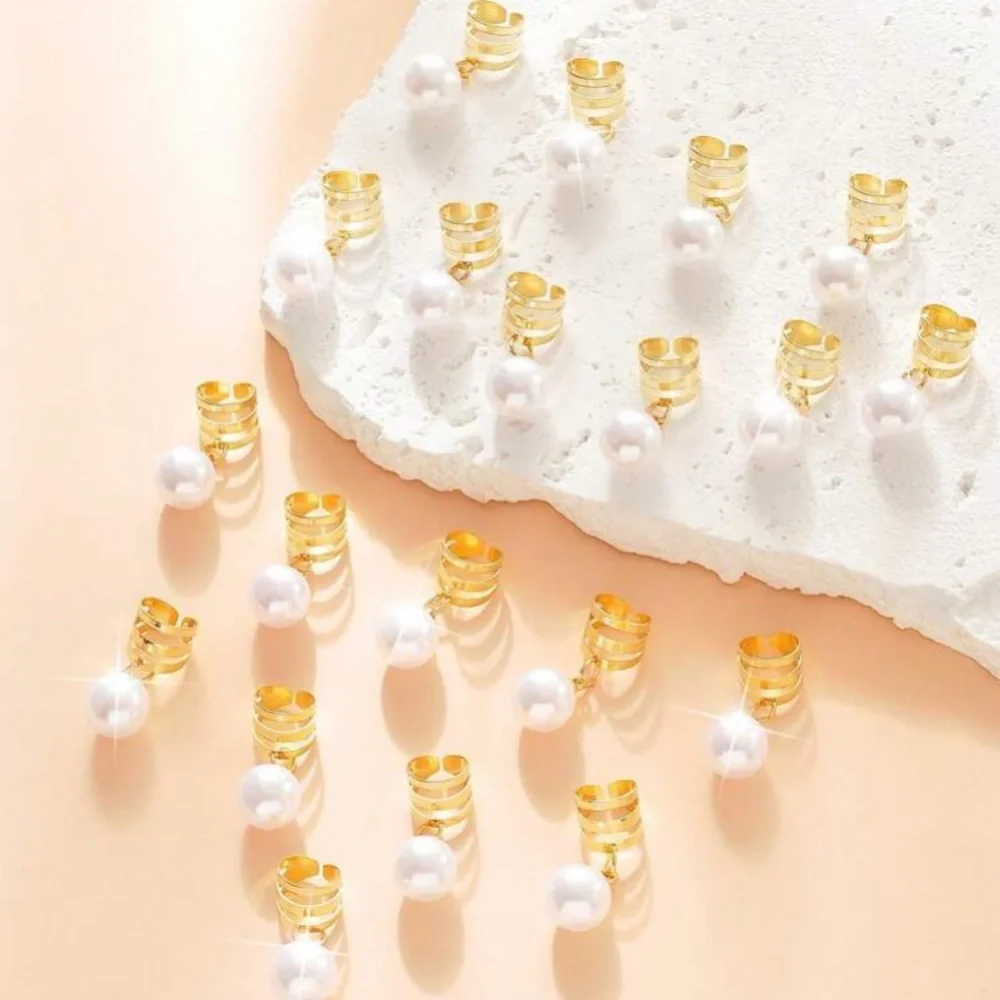 20 Pack Pearl Pendant Golden Hair Cuffs Set Braids Beads Loop Rings Clips